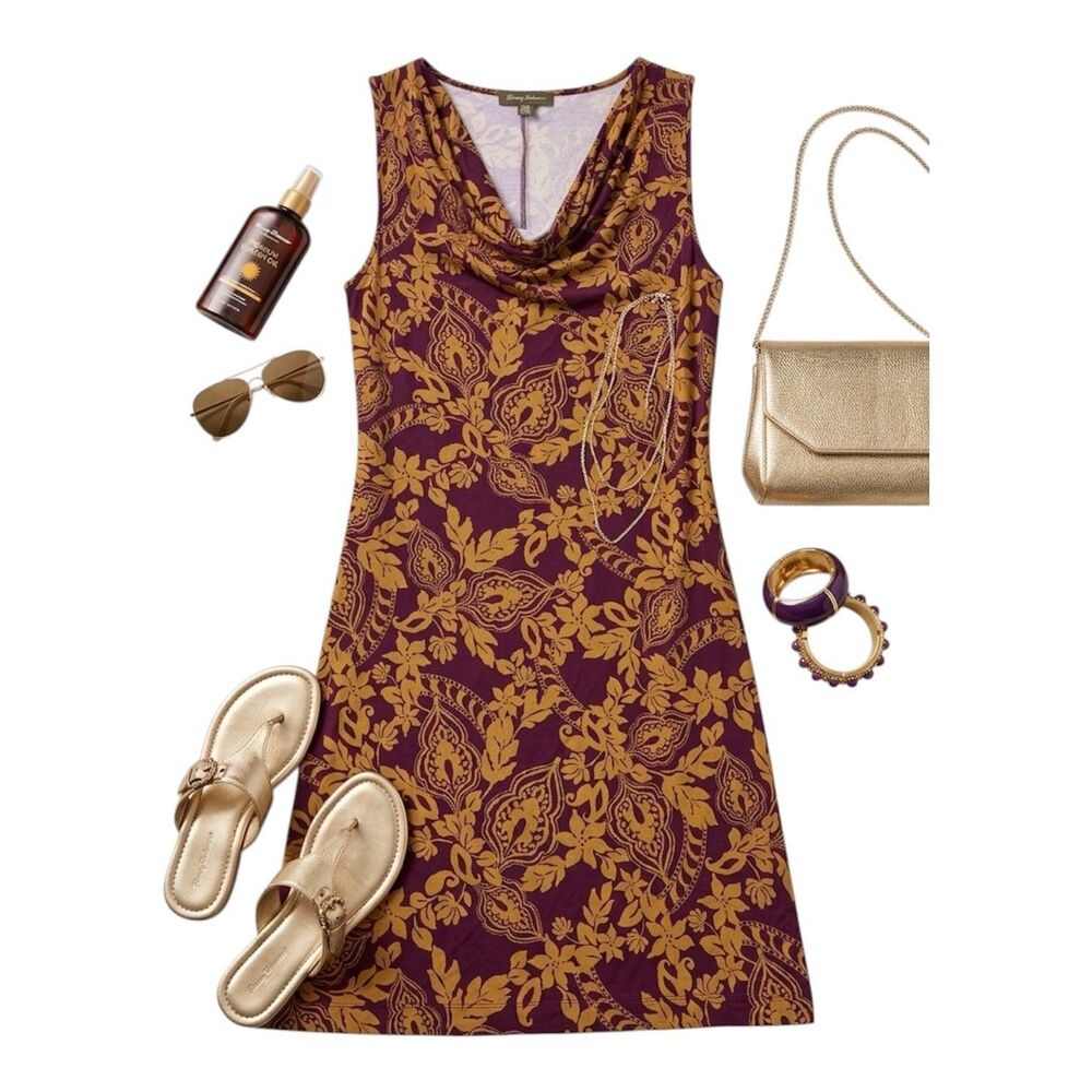 Tommy Bahama Dress Women M Purple Gold Cowl Neck Sleeveless Paisley TW61256
